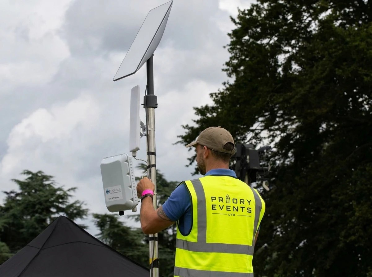 Starlink satellite dish installed on site providing festival broadband