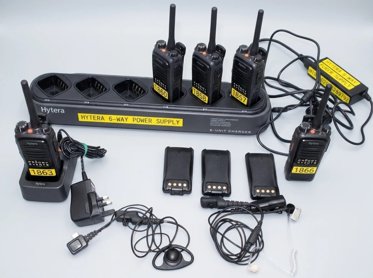 Hytera two-way radios, chargers, batteries and earpieces available for event hire