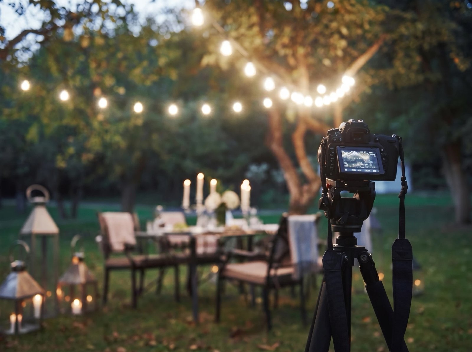 Camera on a tripod photographing an outdoor evening dinner under festoon lights