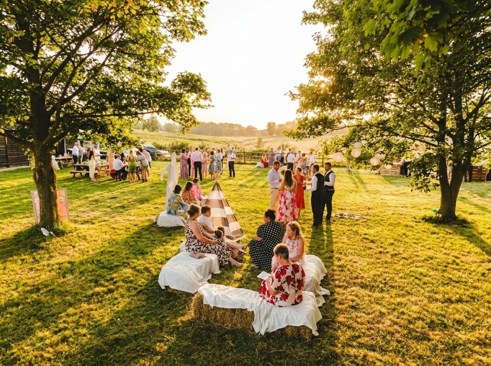 Wedding guests relaxing on hay bales in a field at sunset