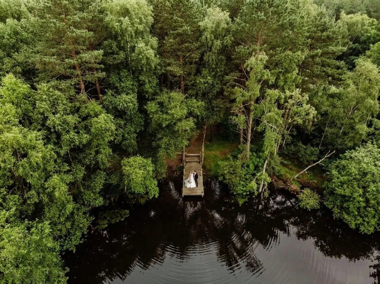 Aerial view of a bride and groom on a jetty beside a woodland lake