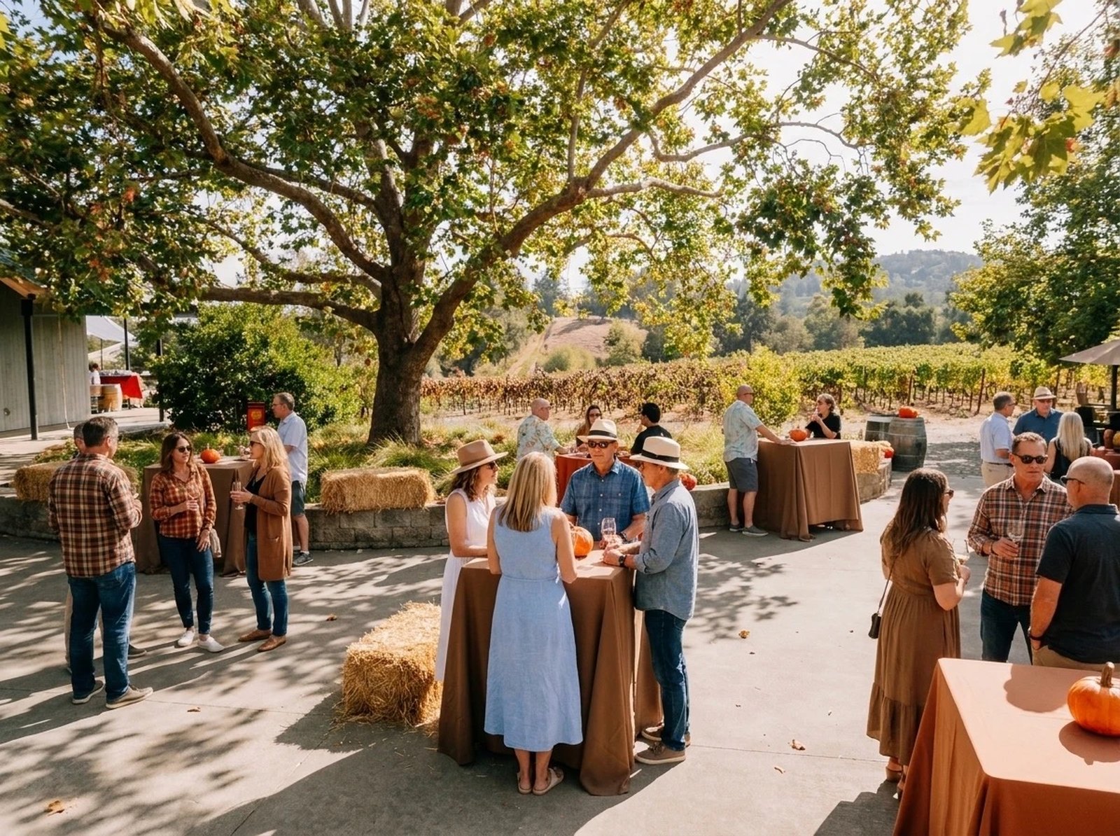 Guests at an outdoor drinks reception beside a vineyard