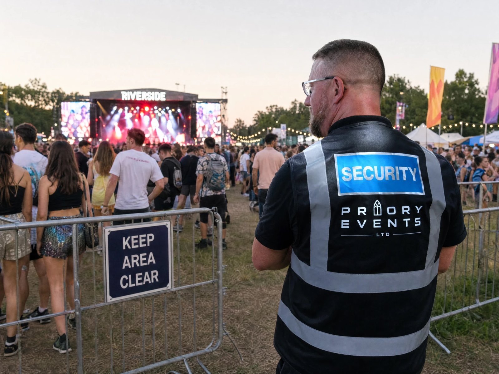 Priory Events security steward at a barrier watching the crowd at a festival main stage