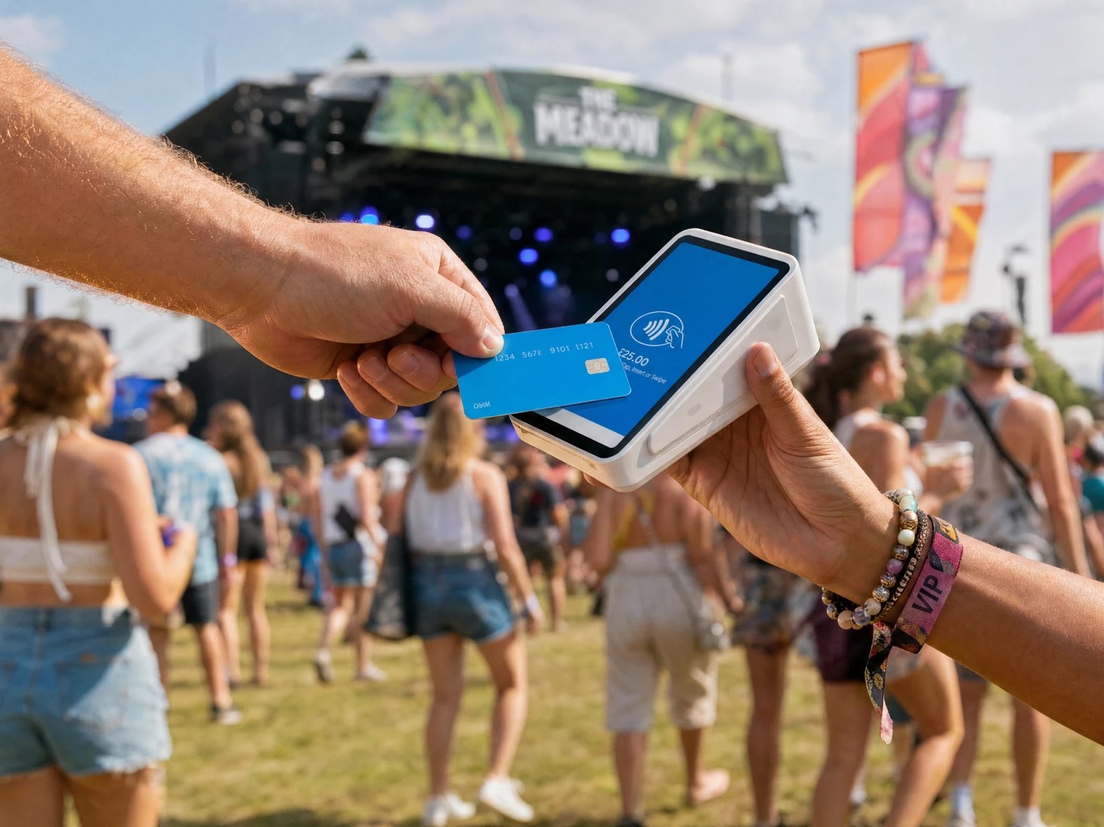 Contactless card payment being taken at a festival bar in front of a main stage