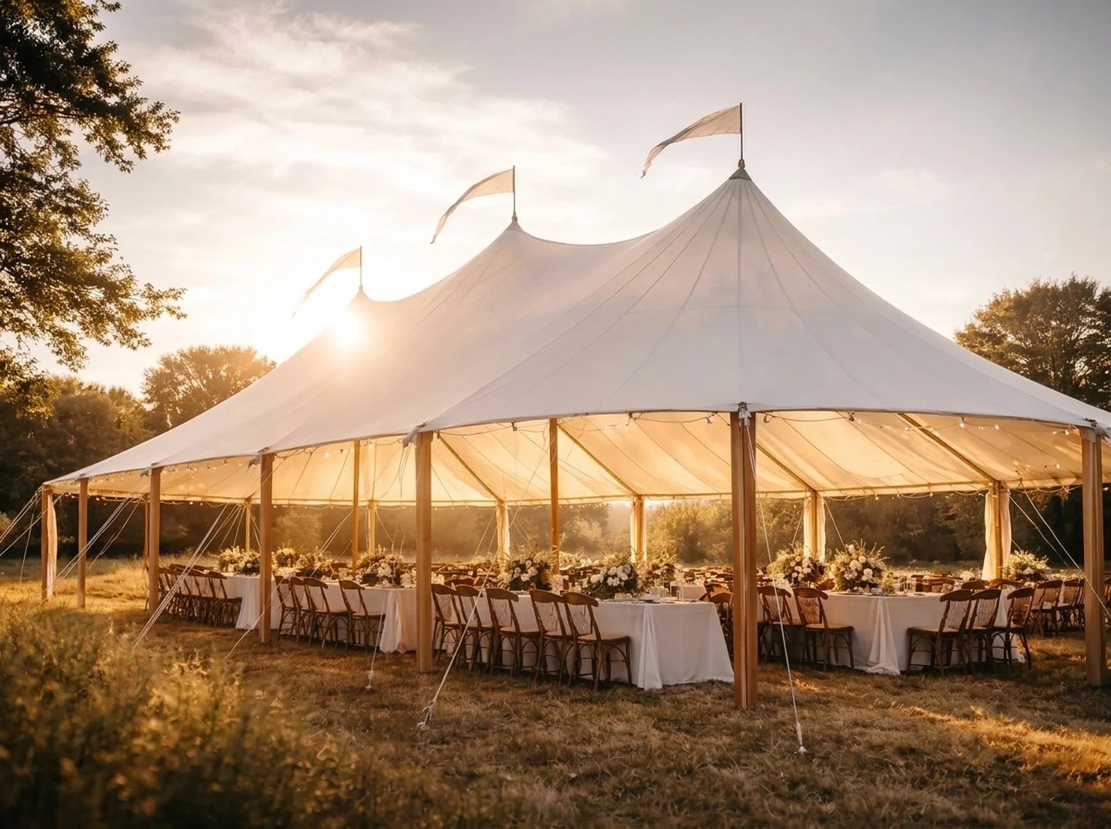 Sail-topped Capri wedding marquee at golden hour with tables laid inside